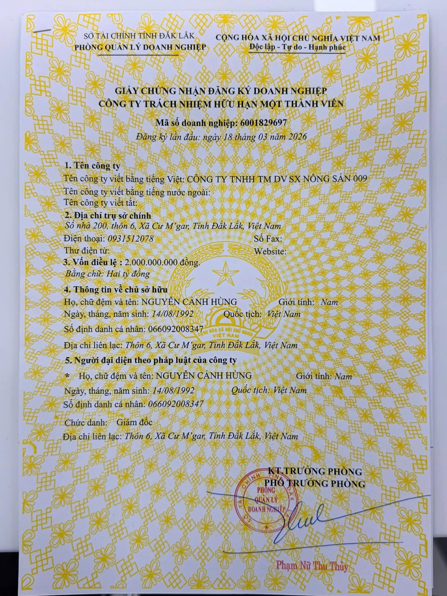 Giấy chứng nhận đăng ký doanh nghiệp Nông Sản 009