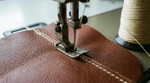The machine's presser foot at work — flat, uniform stitches produced in seconds.