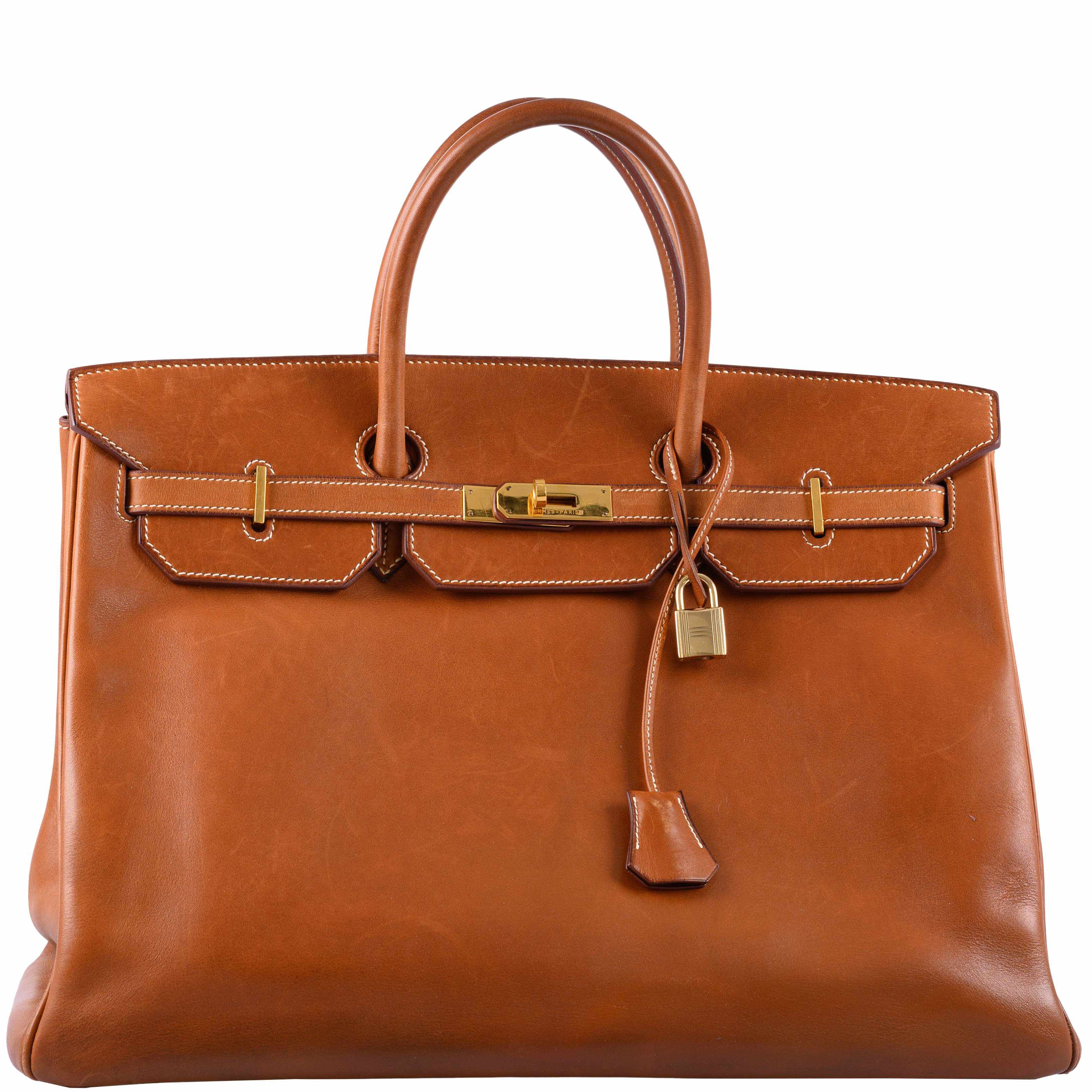 A 1994 Fauve Barénia Birkin 40: the smooth, honeyed surface of the original saddle leather.