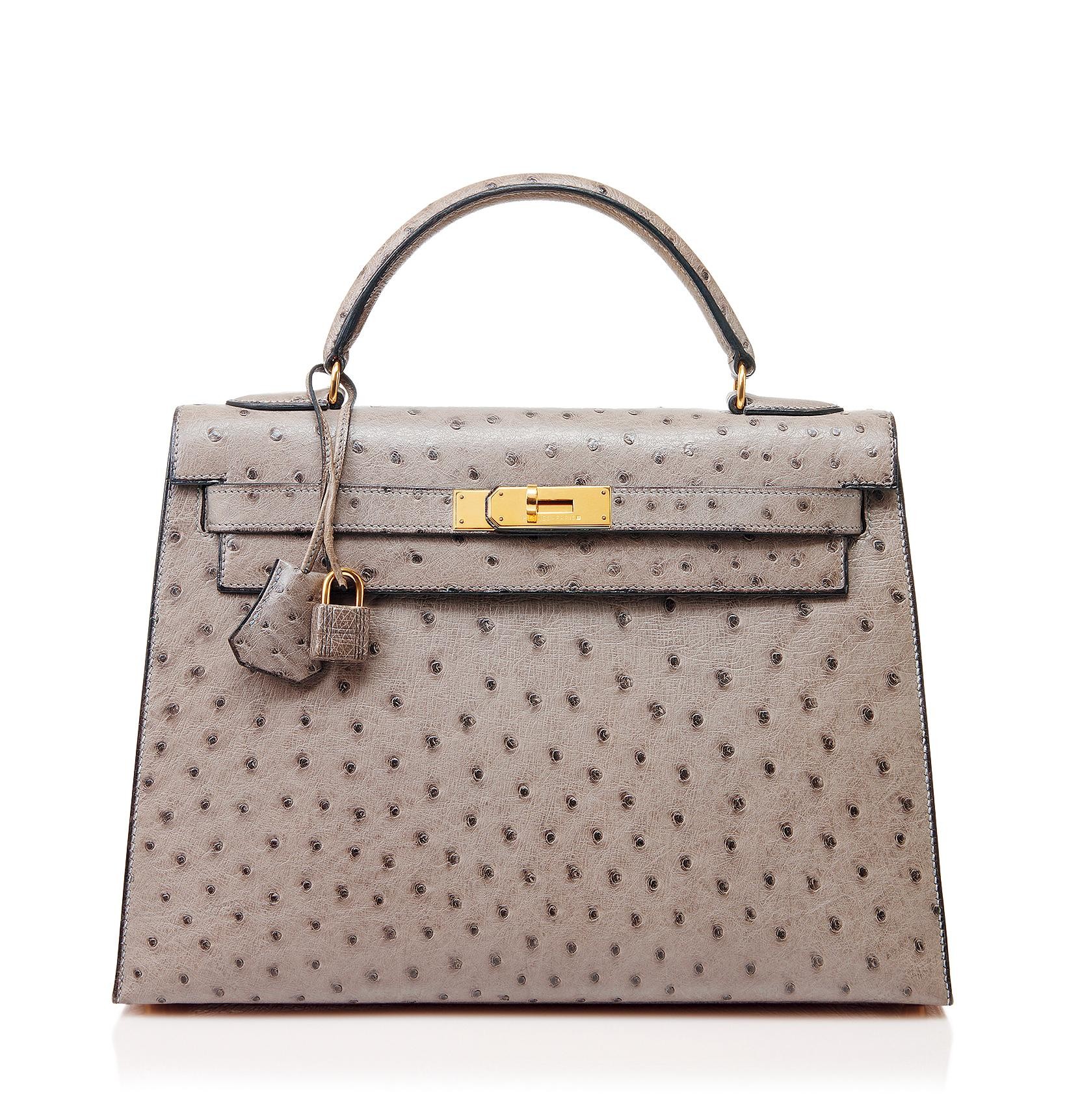 A 1993 mouse-grey ostrich Sellier Kelly 32 with gold hardware (Poly Auction, Beijing).