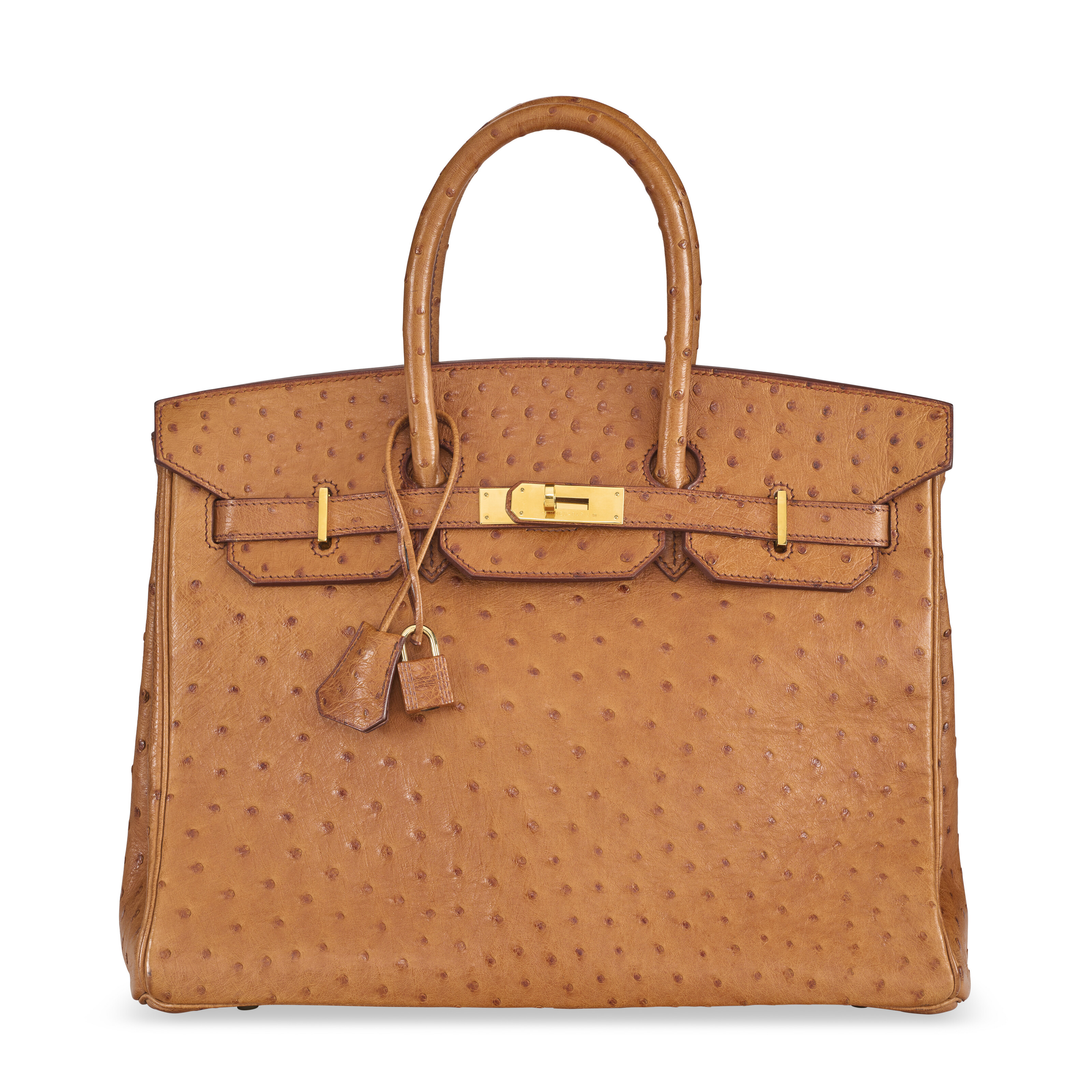 A 1995 Cognac ostrich Birkin 35 with gold hardware (Christie's): collectors' benchmark for the hide.
