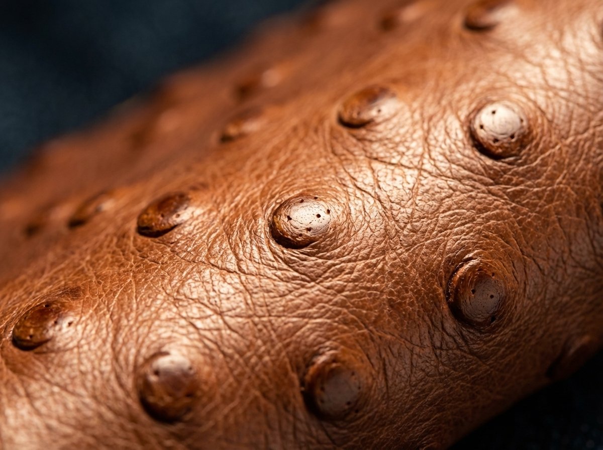 Up close: natural oil-rich ostrich grain with round, evenly-spaced quill follicles.