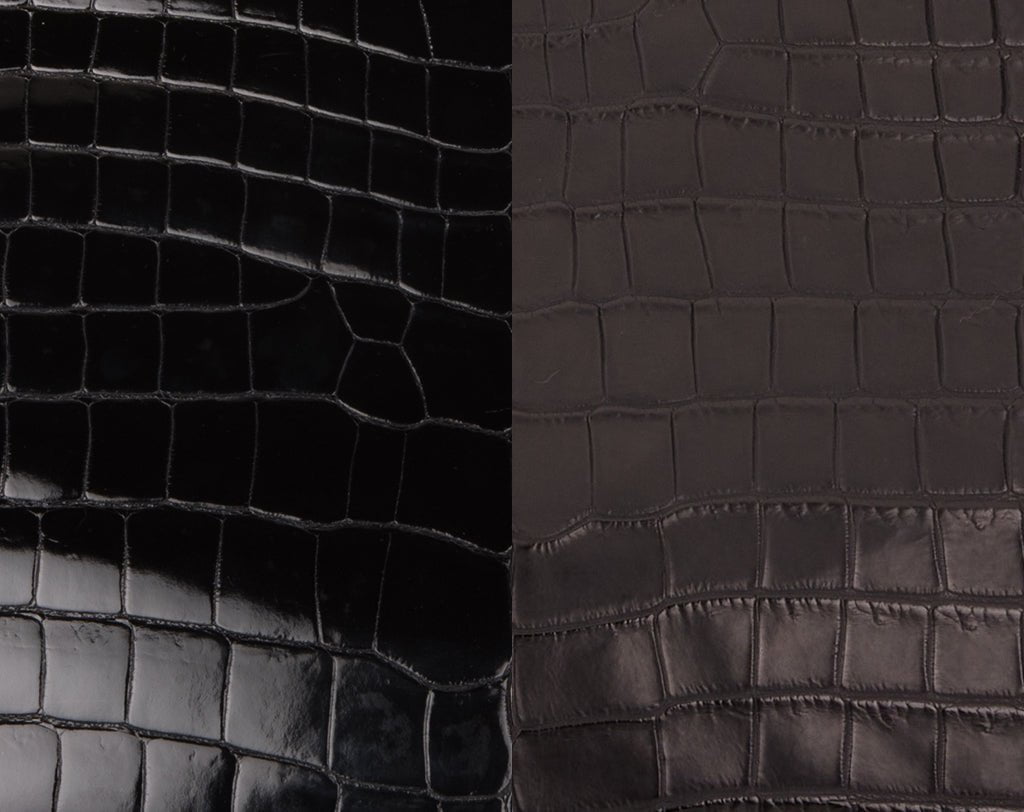 The same crocodile grain, two treatments: shiny vs mat Hermès finishes.