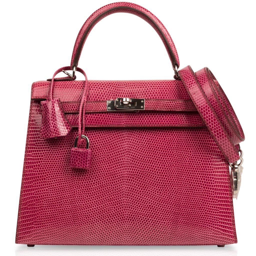 Fuchsia lizard Kelly 25 Sellier with palladium hardware: colour depth only an exotic can hold.