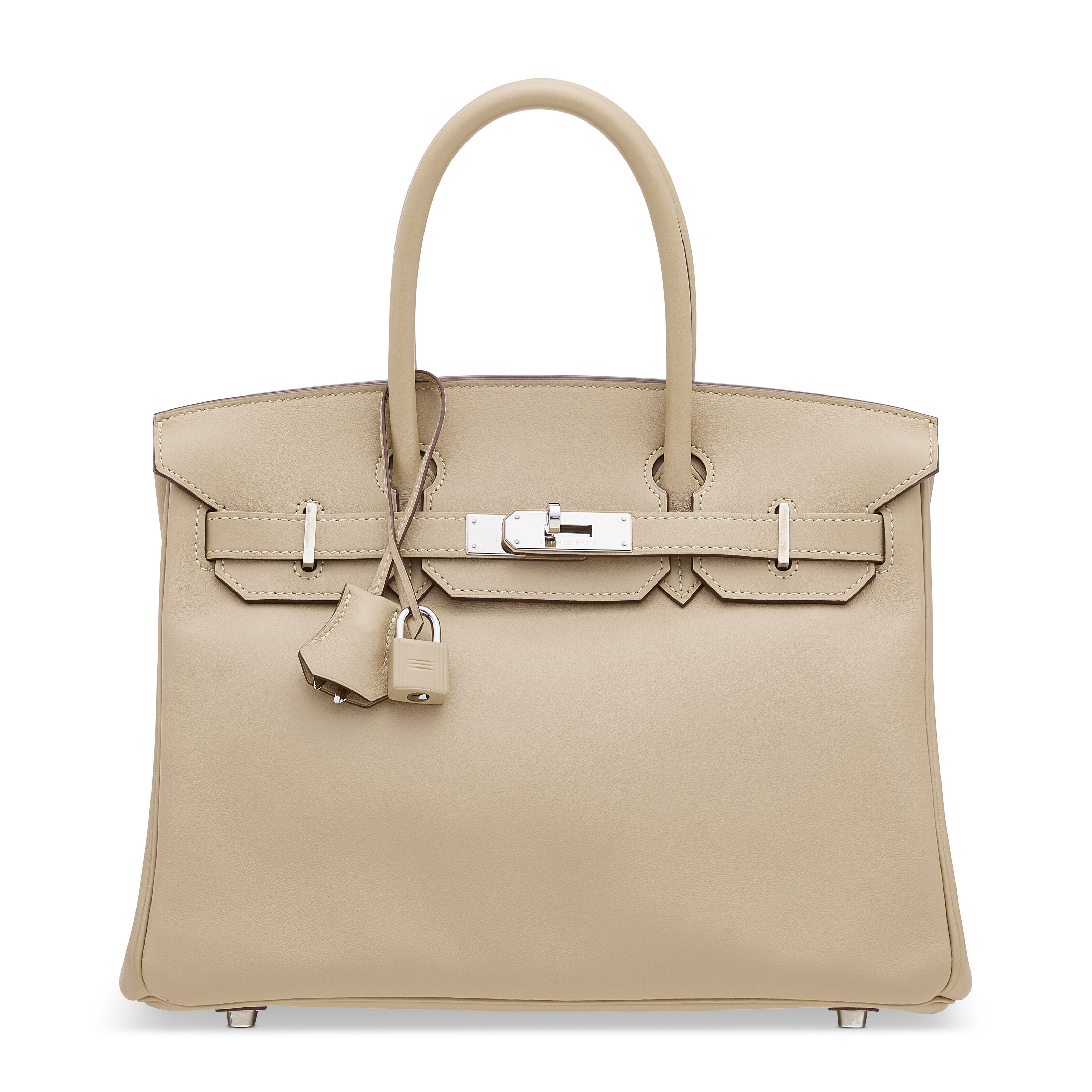 A beige Swift calfskin Birkin 30 with palladium hardware, 2009 — Christie's. Note the softened handle arc and the relaxed body line.