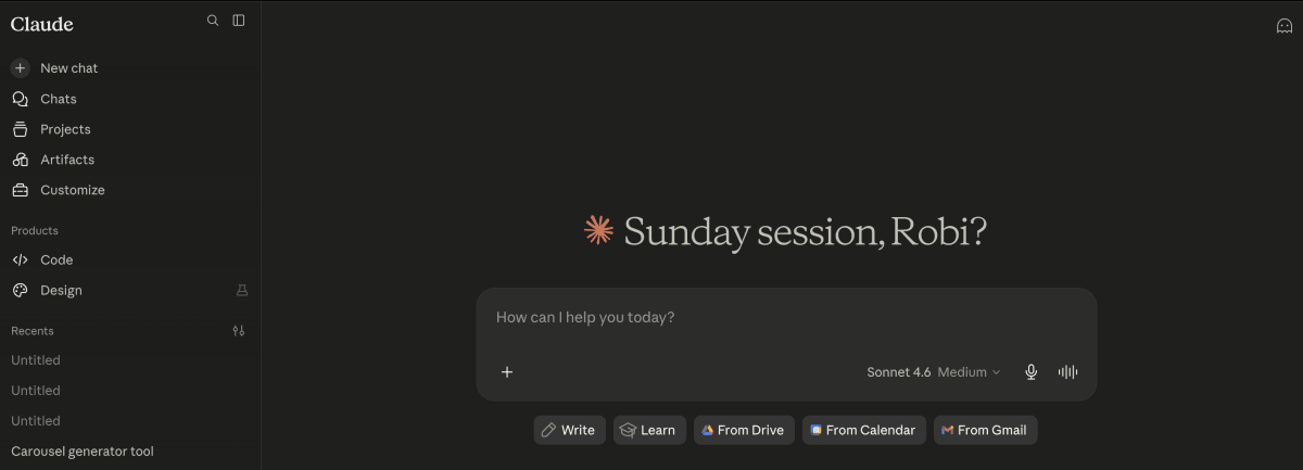 Claude AI dashboard showing the sidebar and main chat interface