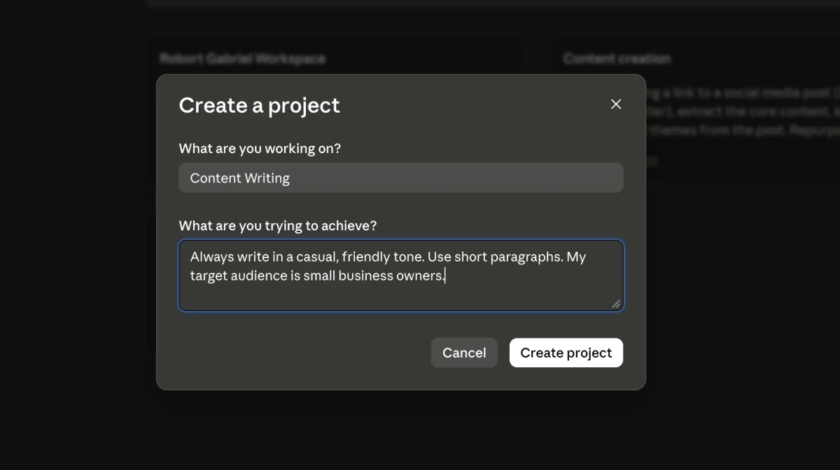 Creating a new Claude AI Project with custom instructions