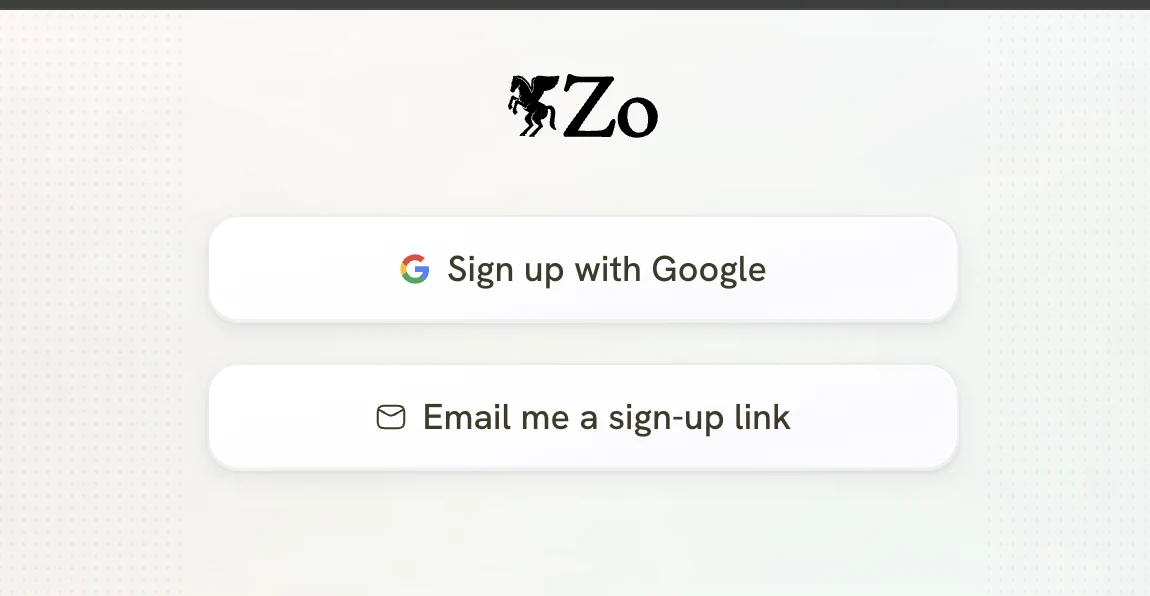Zo Computer sign-up page with Google and email sign-up options