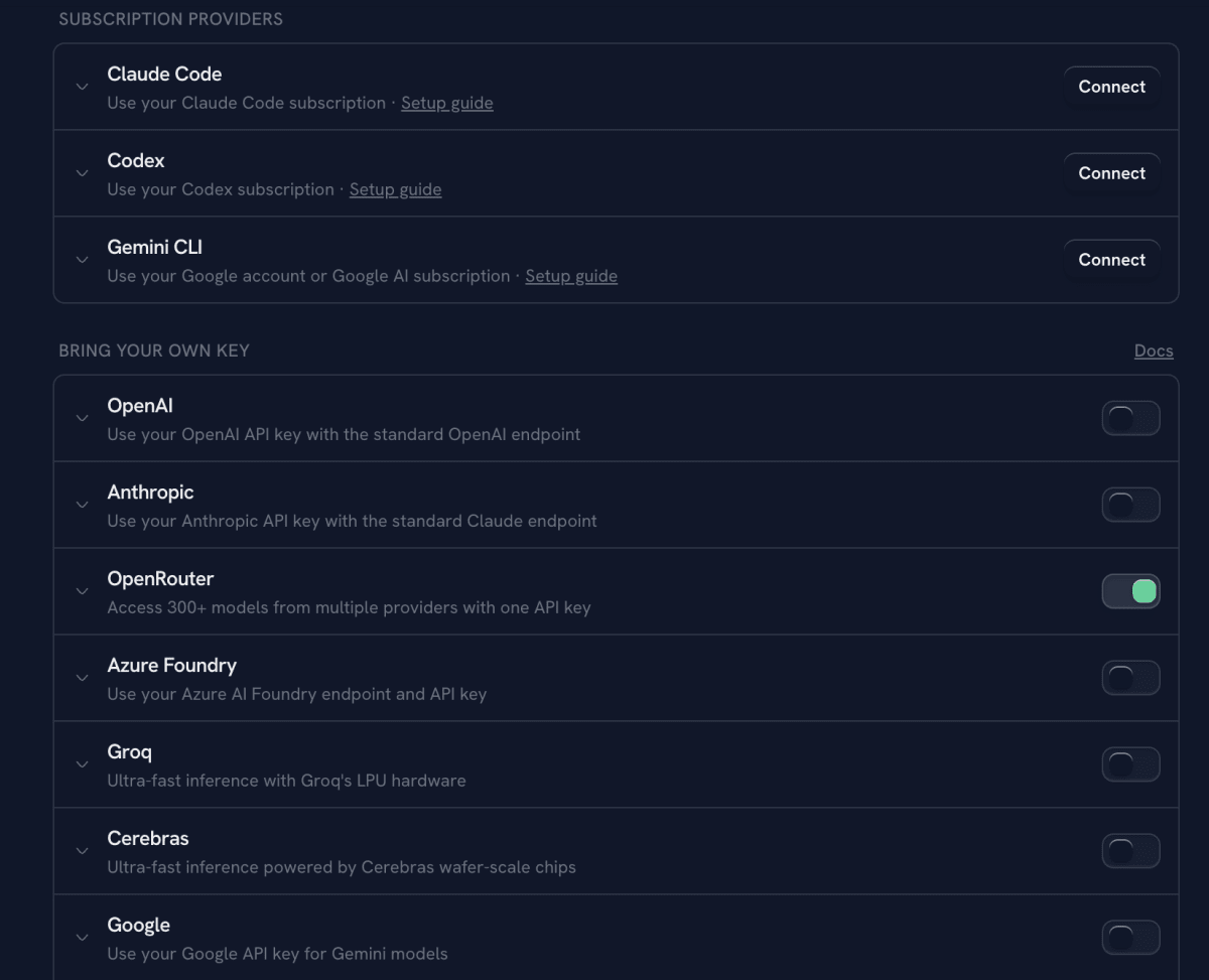 Zo Computer AI model providers settings page showing Claude Code, OpenAI, Anthropic, OpenRouter, Groq, Cerebras, and Google