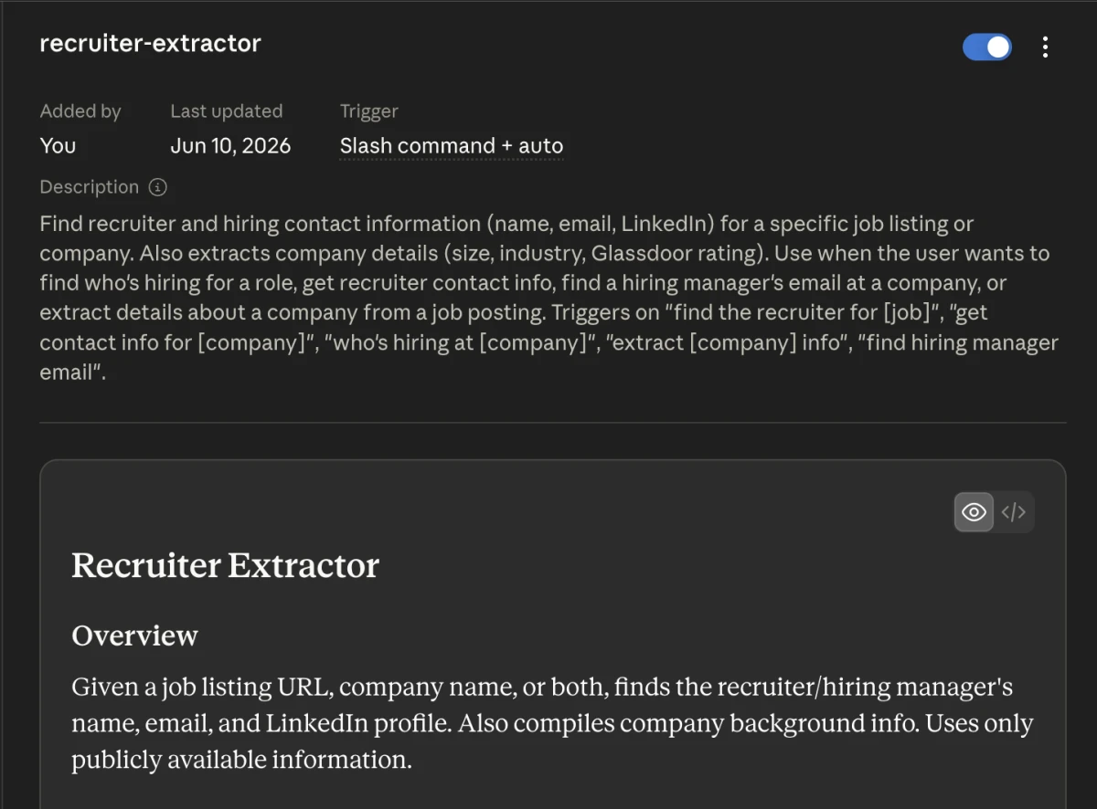 Recruiter Extractor skill card showing the skill name, description, and trigger command