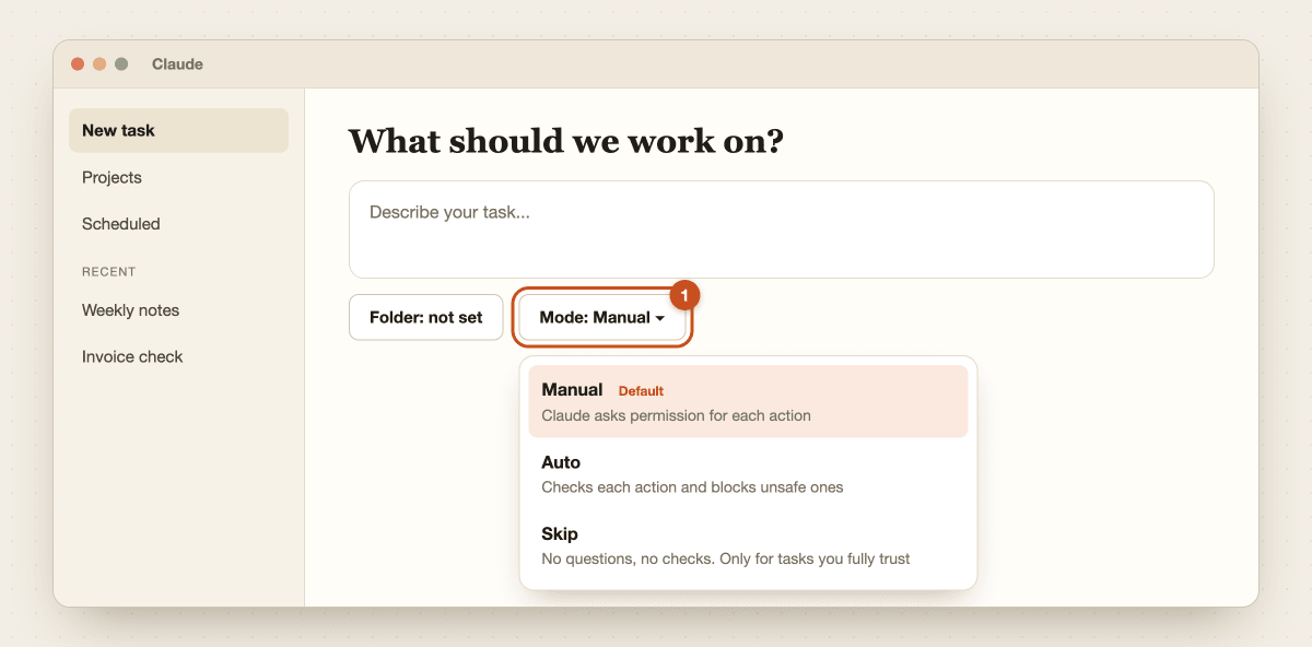 The mode menu open with Manual marked as the default