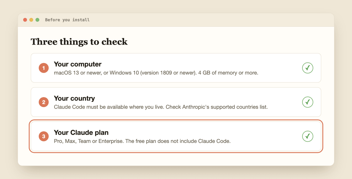 A checklist with three items: computer version, country, and a paid Claude plan, with the plan item highlighted