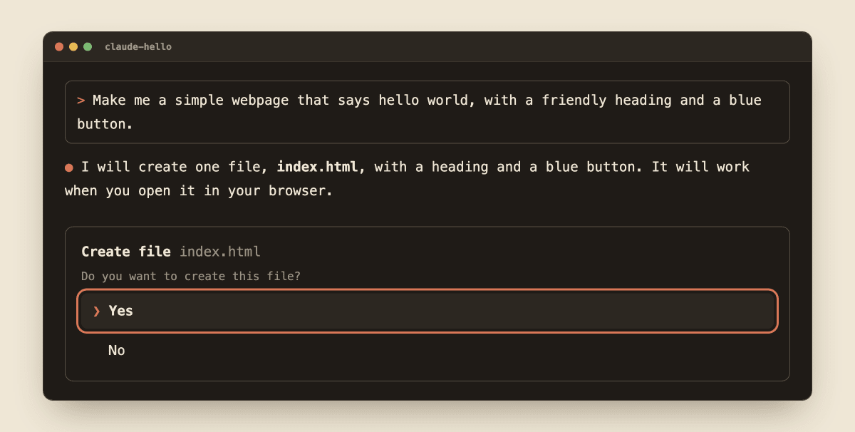 Claude Code in a terminal asking permission to create an index.html file, with the Yes option highlighted