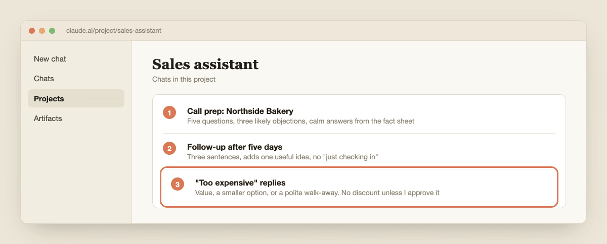 A Claude chat Sales assistant project with three chats listed: call prep, follow-up and price objection