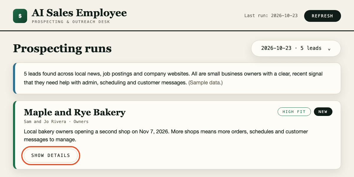 Dashboard lead card for a sample bakery with HIGH FIT and NEW labels and the Show details button highlighted