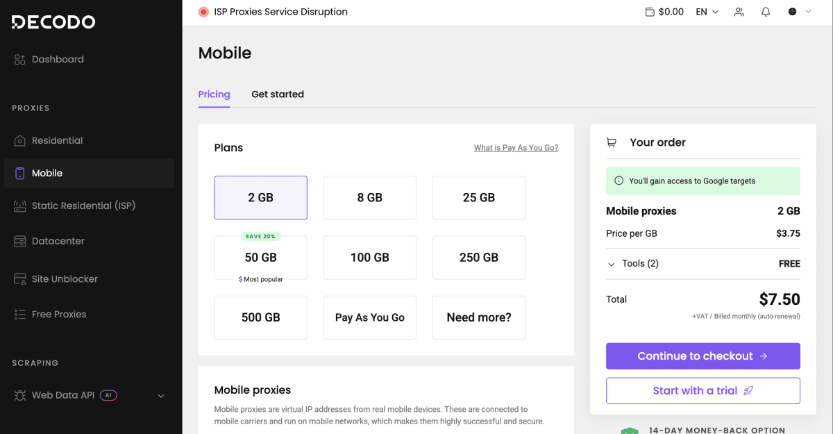 Decodo dashboard with Mobile proxies open and a data plan selected on the Pricing tab