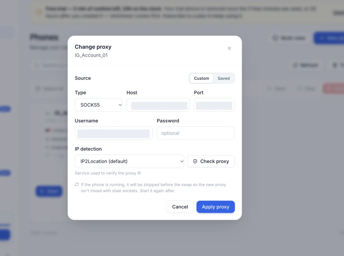 DeviceFarm Change proxy window with SOCKS5 selected and host, port and username filled in (hidden here)