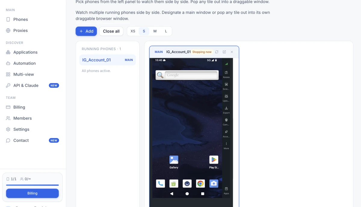 Running cloud phone in the browser showing the Android home screen with the Play Store icon
