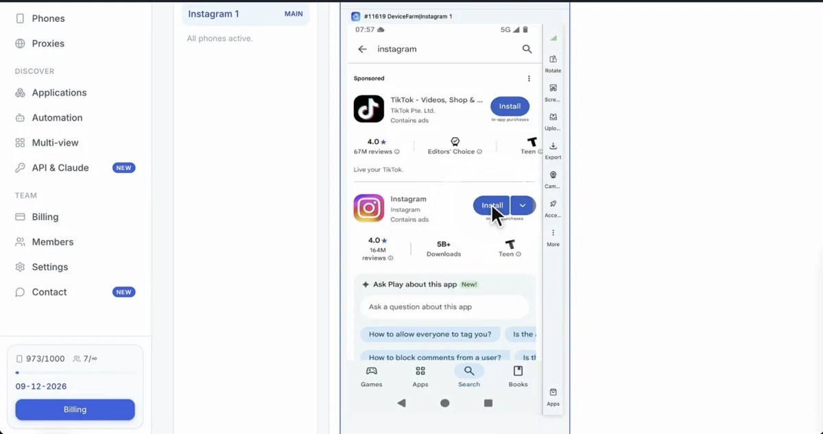 Google Play Store on the cloud phone showing Instagram in the search results with the Install button highlighted