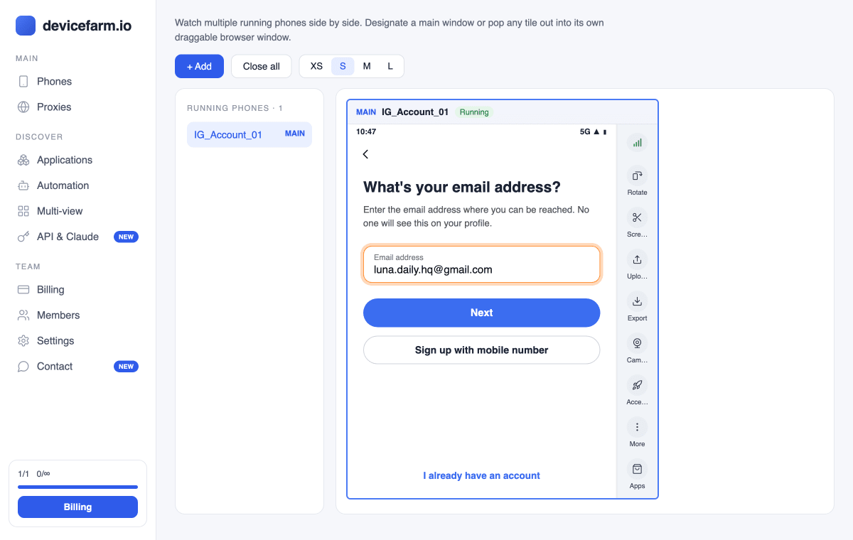 Instagram sign-up screen on the cloud phone with a Gmail address typed in the email field