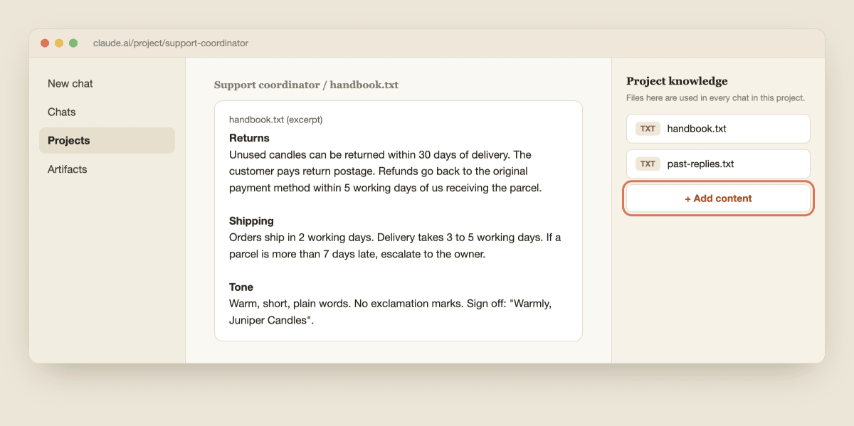 The project knowledge panel with handbook.txt and past-replies.txt added, next to an excerpt of the returns and shipping handbook