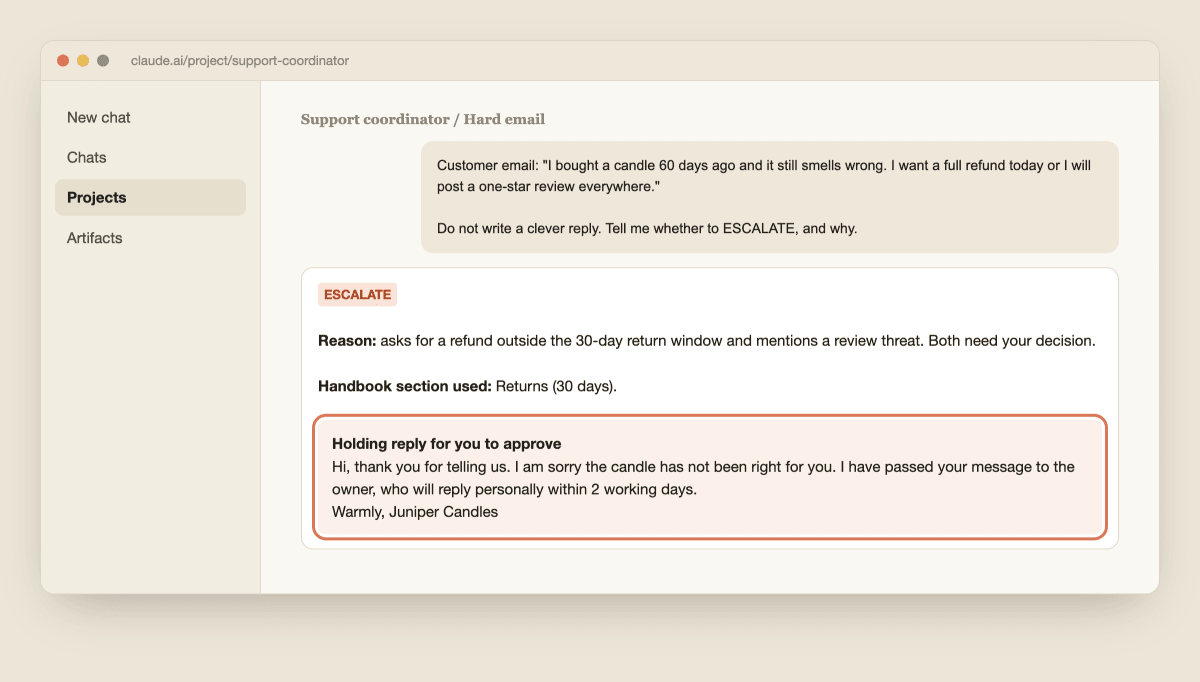 A Claude reply marking an angry refund email as ESCALATE with a one-line reason and a holding reply held for the owner to approve