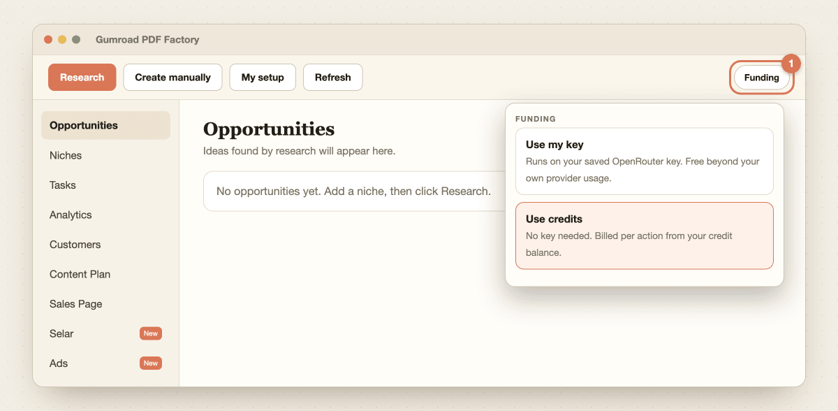 The Funding menu open with Use my key and Use credits, and the Funding control highlighted