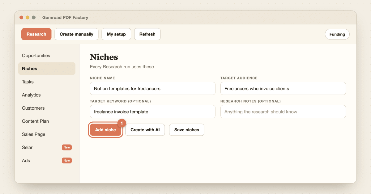 The Niches screen with a niche name, target audience and the Add niche button highlighted
