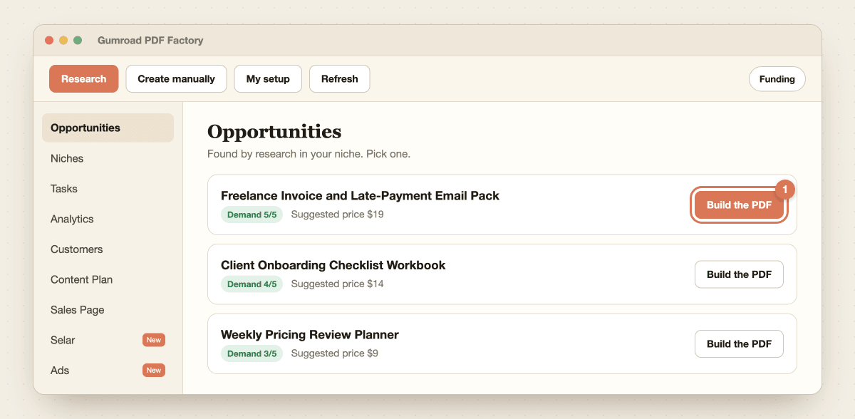 Three opportunity cards with demand scores and prices, and the first card's Build the PDF button highlighted