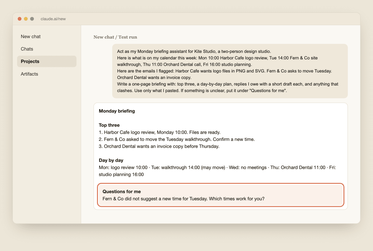 A Claude chat with the Monday briefing prompt and a briefing in reply, with the Questions for me section highlighted