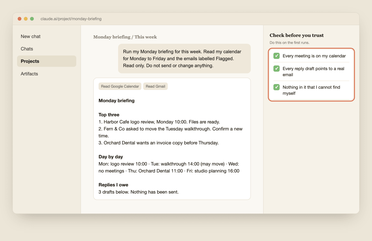 A briefing produced from the calendar and flagged emails, with a three-point check list on the right