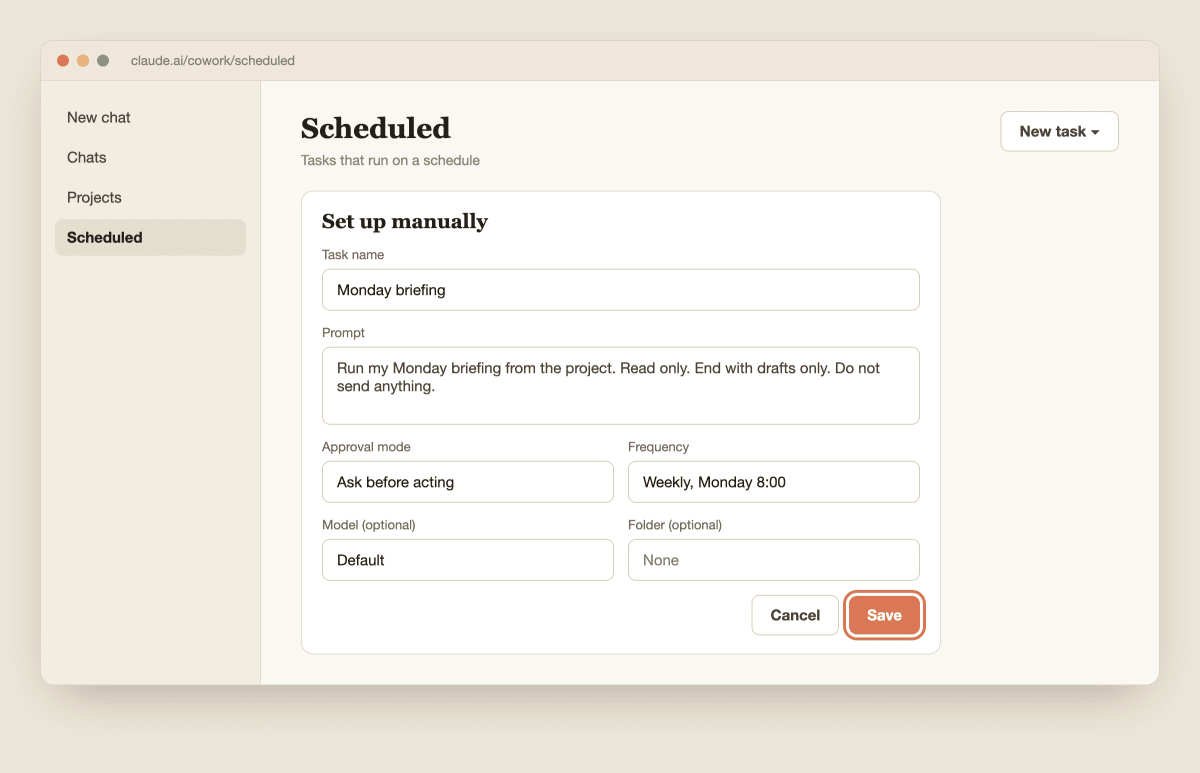 The Scheduled new task form on Set up manually with the Monday briefing name, weekly frequency and the Save button highlighted