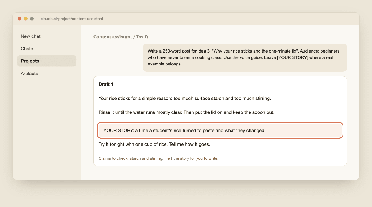 A drafted short post with the YOUR STORY placeholder highlighted where the author's real example belongs