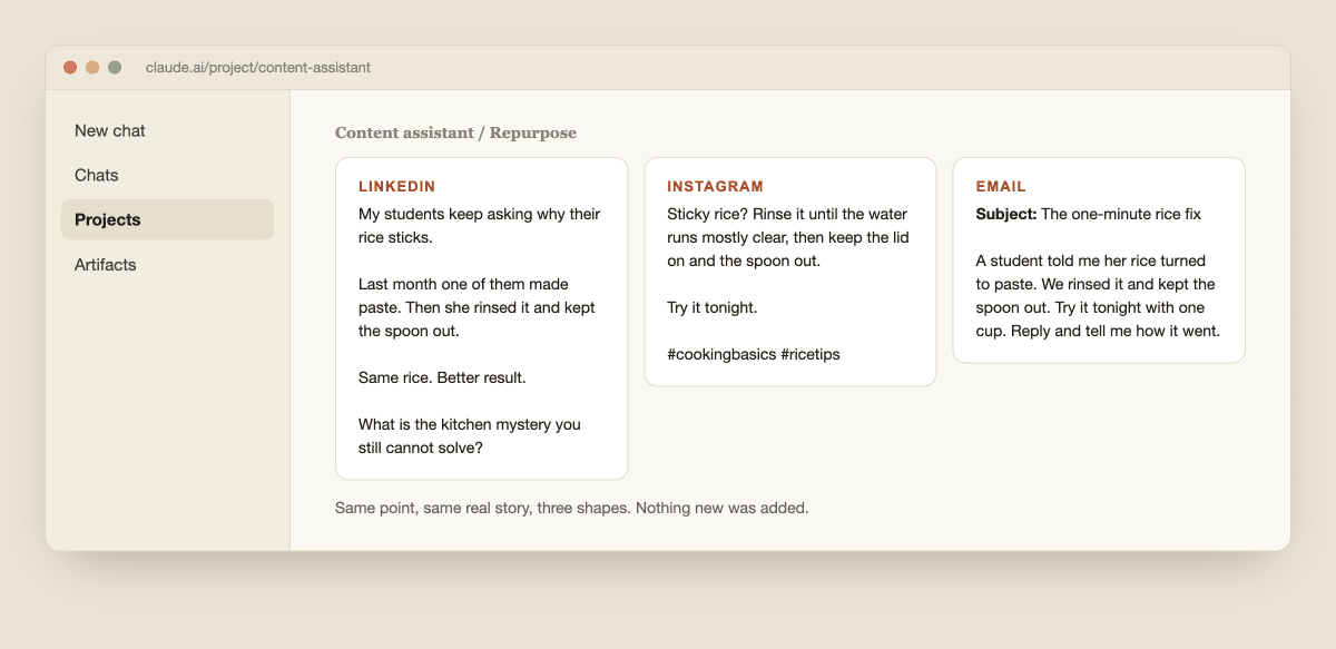 Three side by side cards showing the LinkedIn, Instagram and email versions of the same rice post