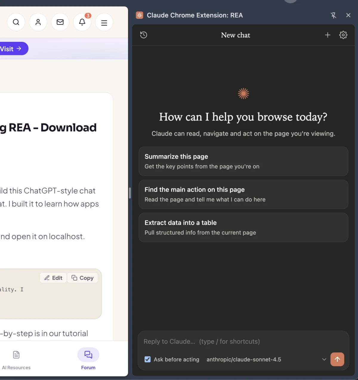 Claude Chrome Extension REA side panel running next to the coding180 forum