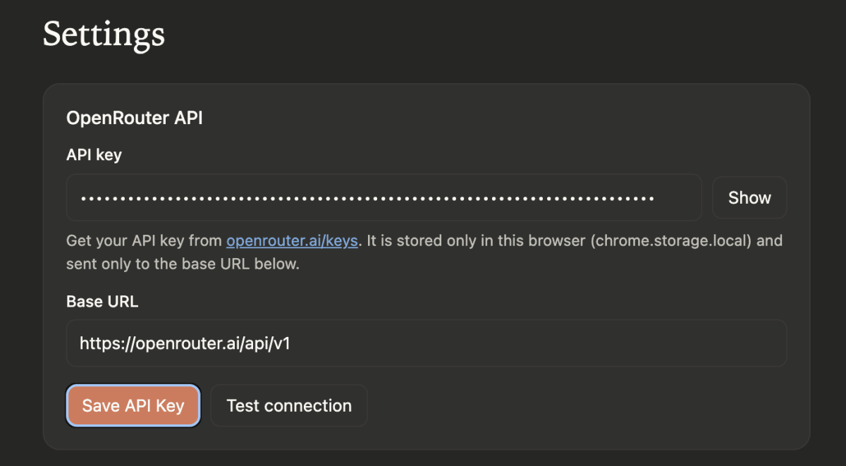 The extension's settings page with the OpenRouter API key field, Save API Key and Test connection buttons