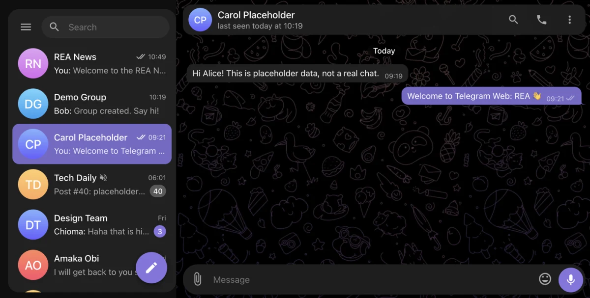Telegram Web clone running on localhost with chats, groups and channels