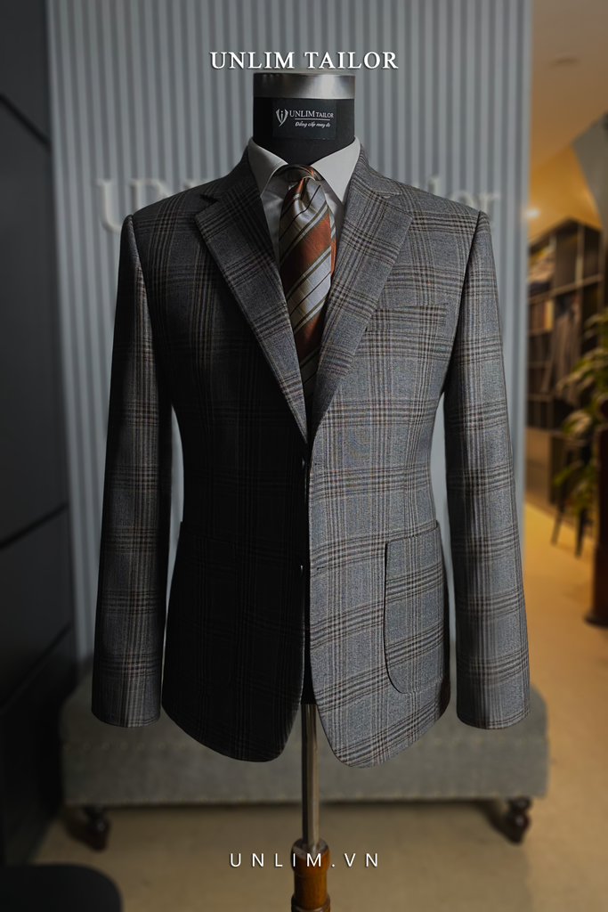 Suit Kẻ Ô Cổ K Sọc Cam
