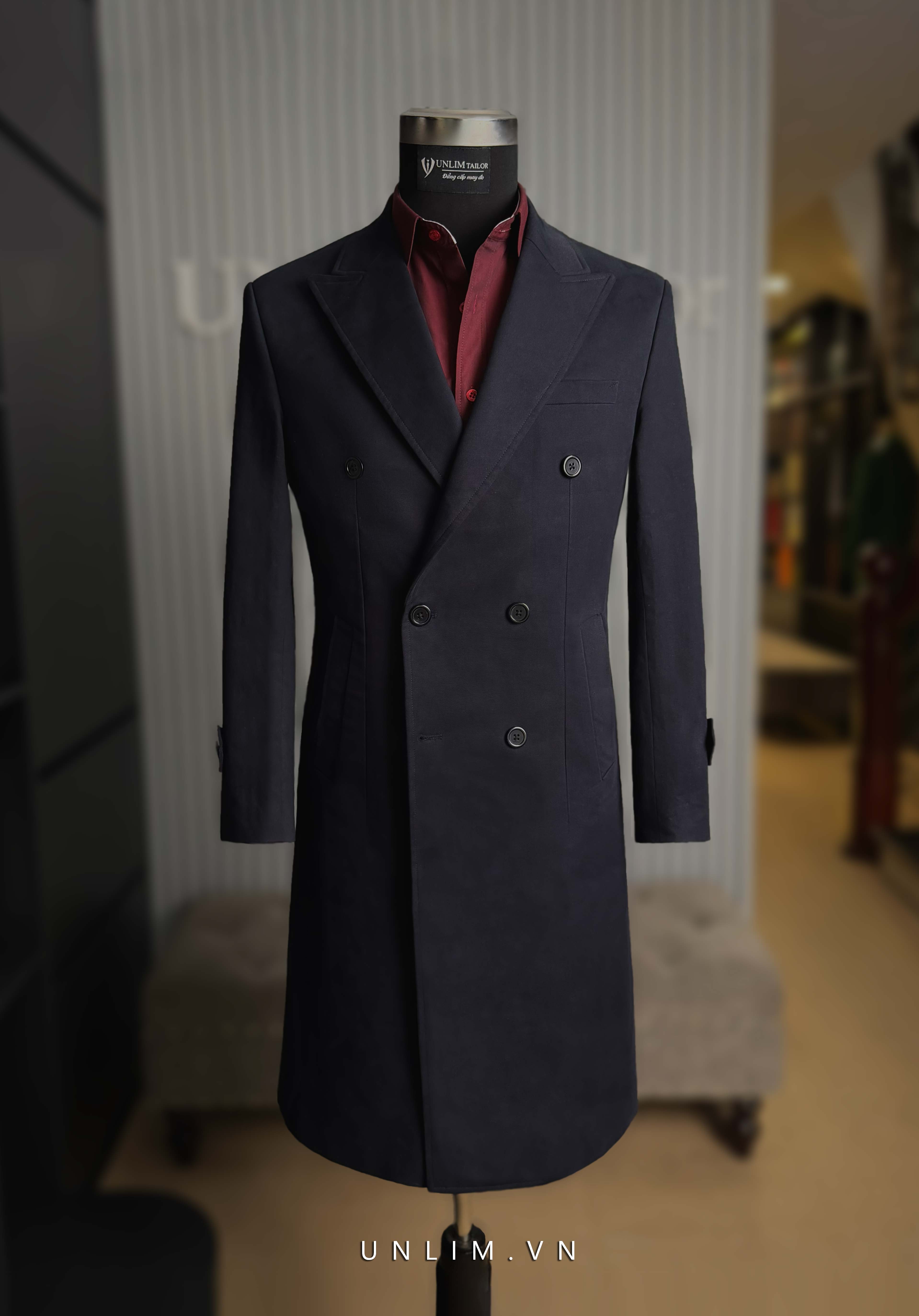 Măng Tô Xanh Navy Midnight Cổ Nhọn Hai Hàng Khuy