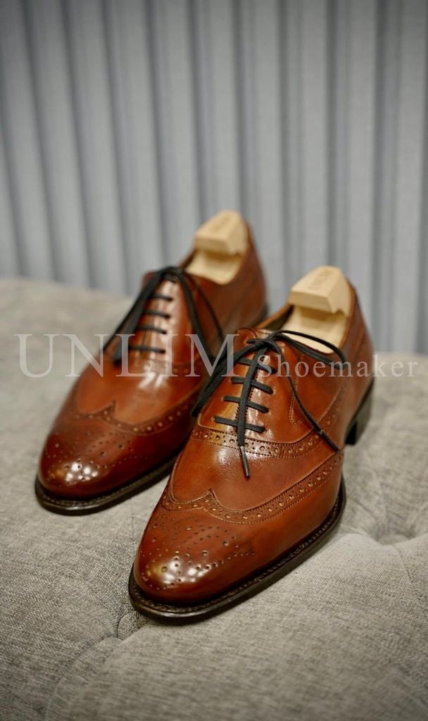 Giày Oxford Brogue Nâu Da Bò Ý