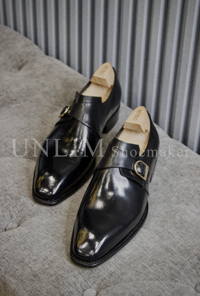 Giày Single Monkstrap Đen Da Bò Ý