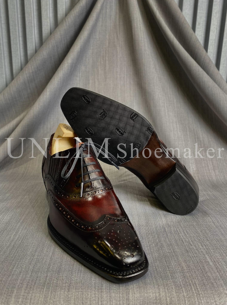 Giày Oxford Brogue Nâu Patina Da Bò Ý