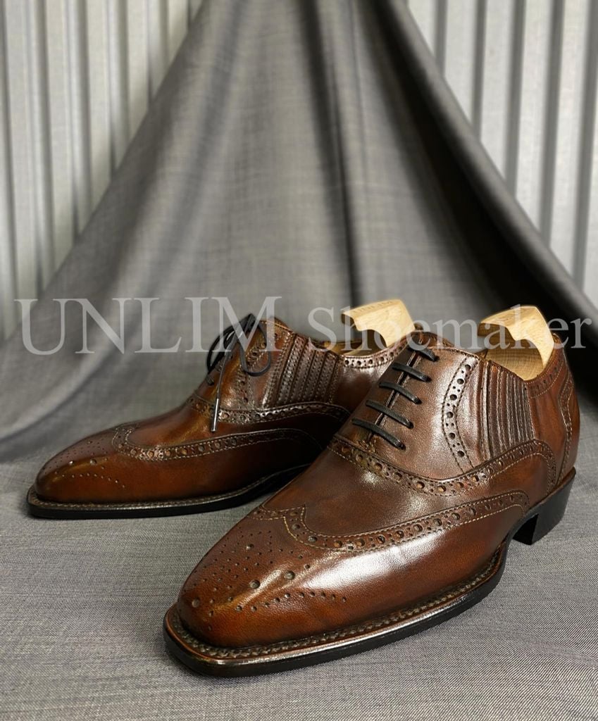 Giày Oxford Brogue Nâu Da Bò Ý