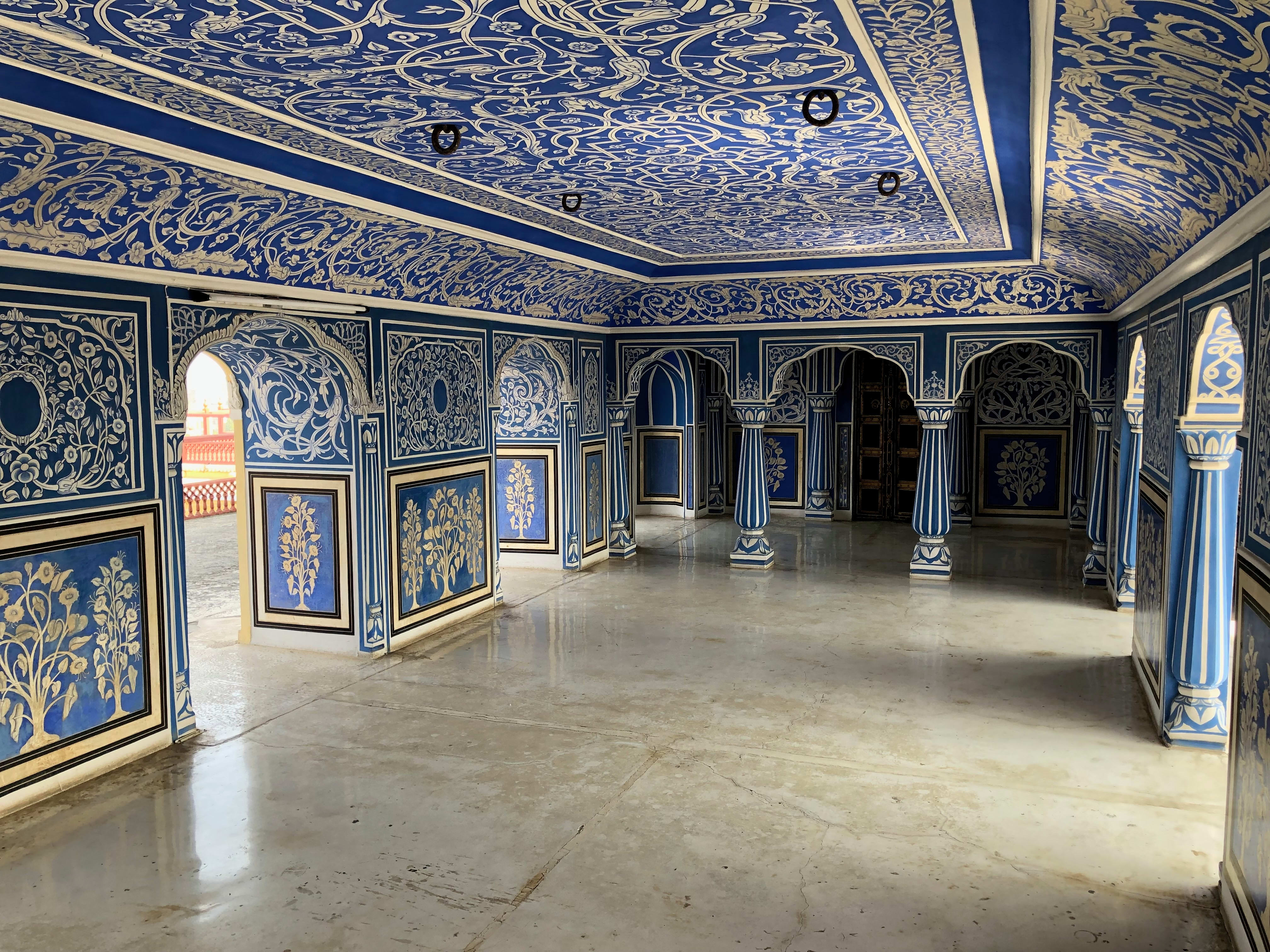 Blue decorative architectural interior at City Palace, Jaipur.