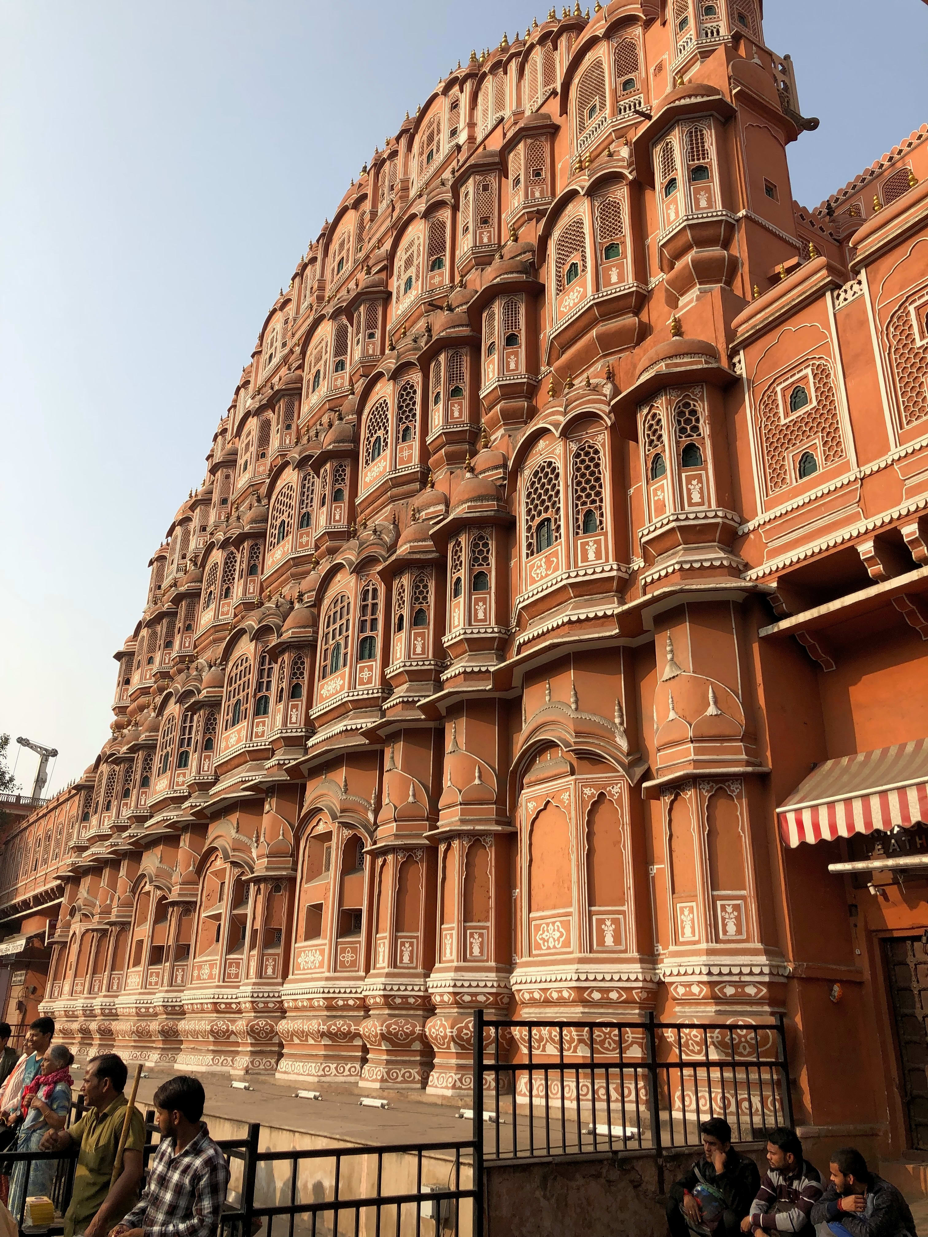 An oblique view of the honeycomb-like façade of Hawa Mahal in Jaipur.