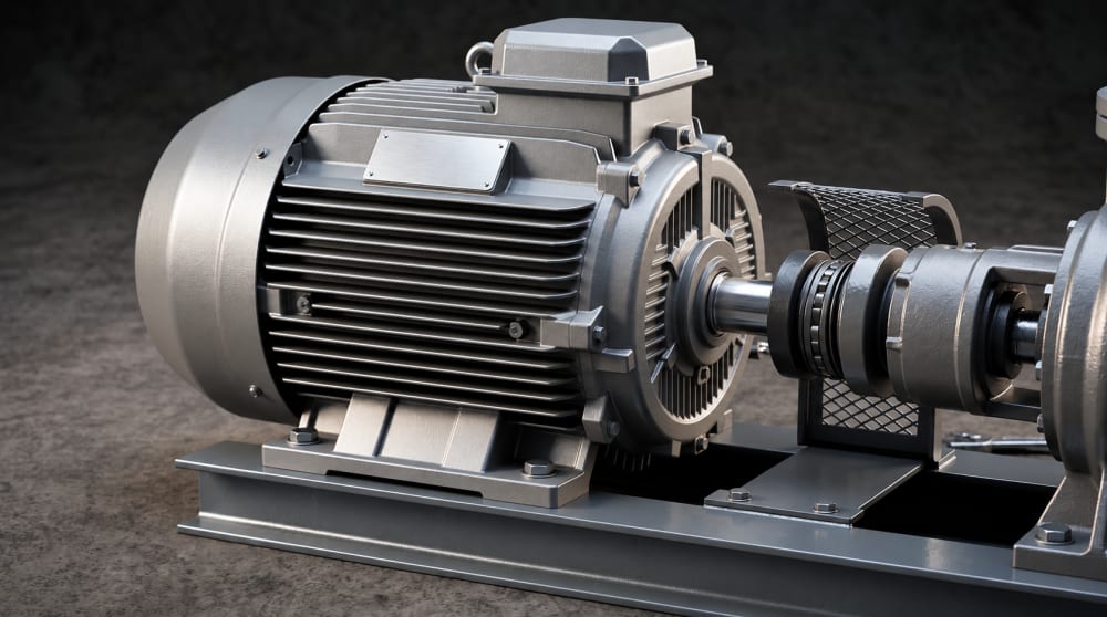 Severe-duty industrial electric motor mounted on a pump baseplate in a wet process area