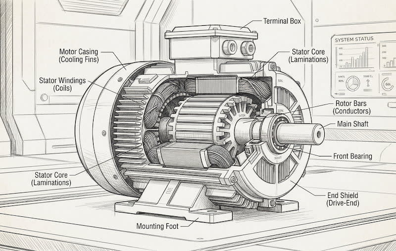 Cutaway drawing of an induction motor with the terminal box, stator windings, stator core laminations, rotor bars, main shaft, front bearing and drive-end shield labelled