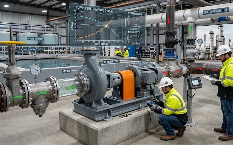 Two engineers inspecting a horizontal end-suction pump and its motor on a concrete plinth in a water treatment plant, with a pump performance curve displayed behind them
