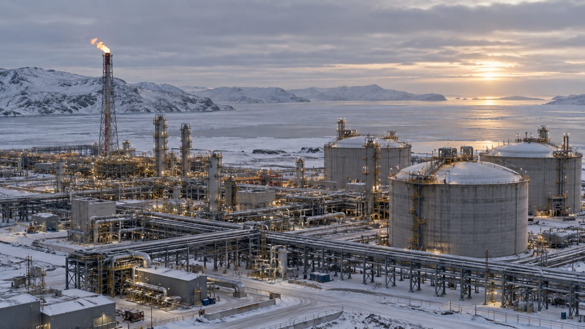 Arctic LNG liquefaction facility with cryogenic storage tanks under grey winter light