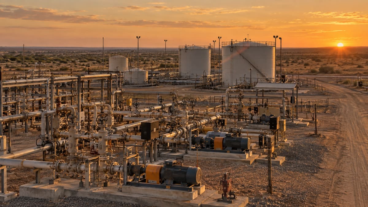 Crude oil gathering station with manifolds and horizontal pumps in a semi-arid basin